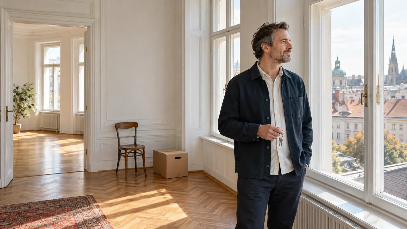 Mann mit Hausschlüsseln in einer hellen österreichischen Altbauwohnung